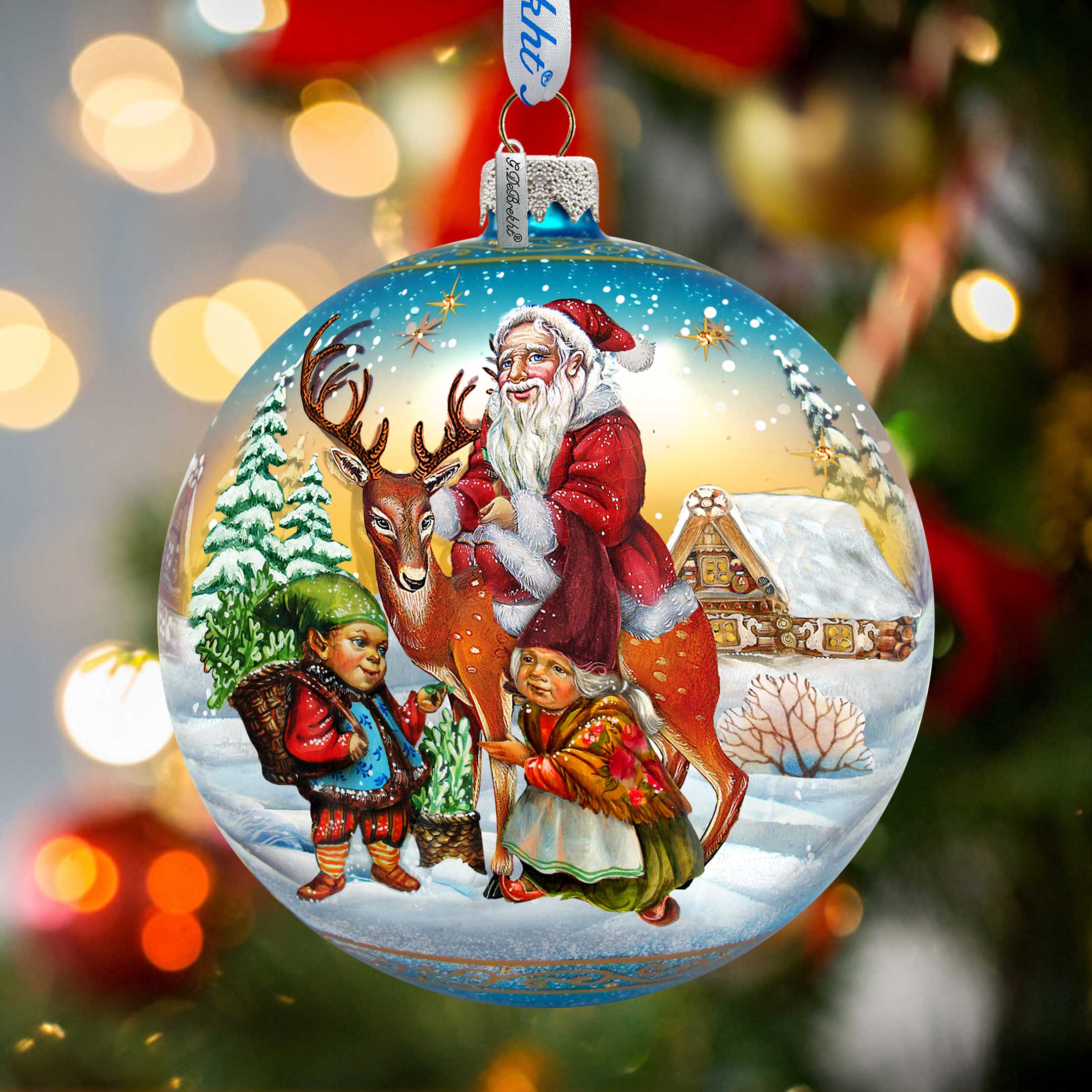 Vintage Sleigh Ride in Blue Glass Ornament Christmas Santa Snowman Decor