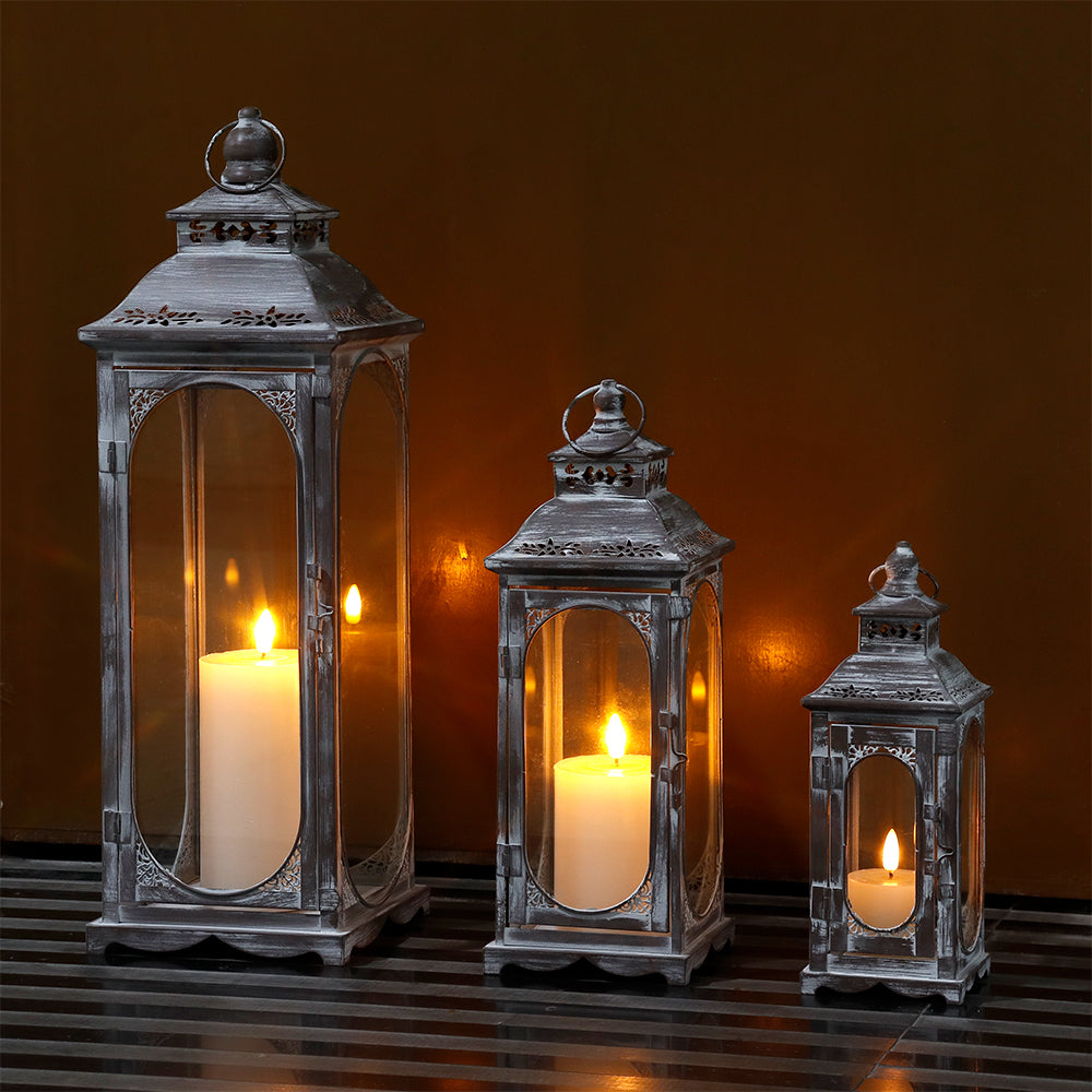 Set of 3 Decorative Vintage Candle Lanterns 10/14/19.5''H(Cement Grey)-0