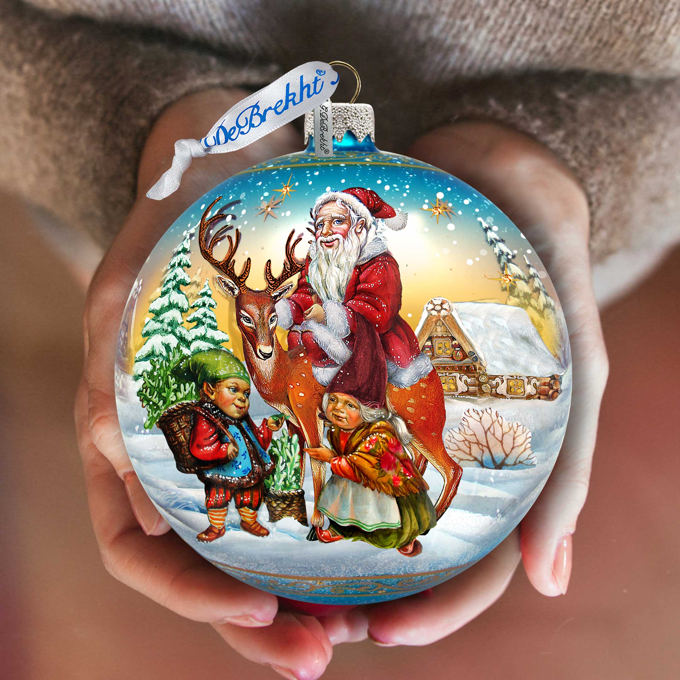 Vintage Sleigh Ride in Blue Glass Ornament Christmas Santa Snowman Decor