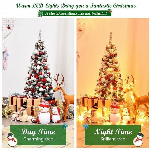 4.5 Feet Pre-Lit Snow Flocked Pencil Christmas Tree with 150 LED Light