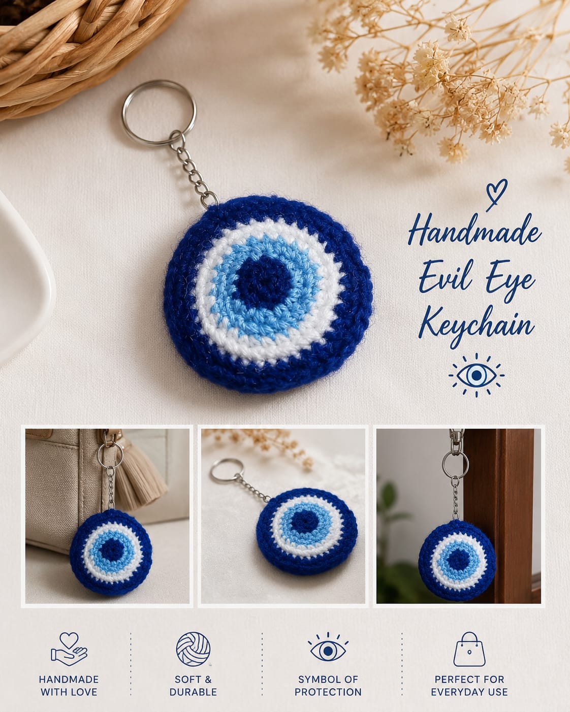 Handmade Crochet Evil Eye Keychain - Blue Nazar Protection Charm