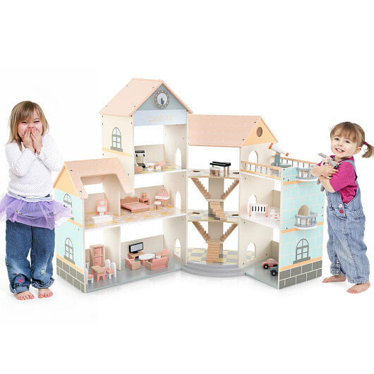 Wooden Corner Dollhouse Playset with 41 Pieces of Accessories for Kids 3+ Years