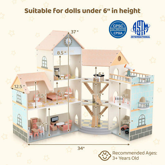 Wooden Corner Dollhouse Playset with 41 Pieces of Accessories for Kids 3+ Years