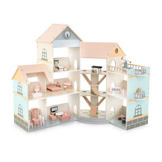 Wooden Corner Dollhouse Playset with 41 Pieces of Accessories for Kids 3+ Years