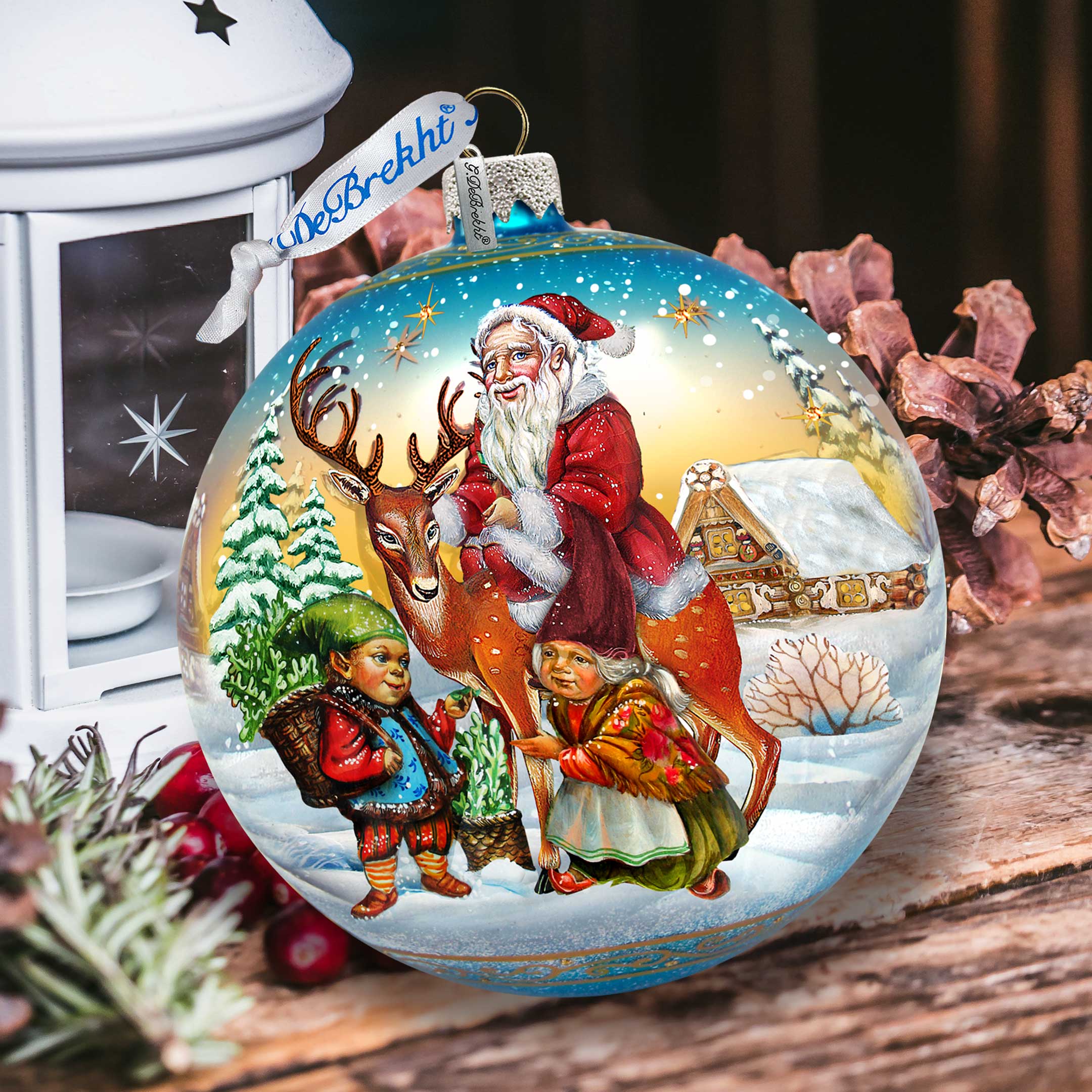 Vintage Sleigh Ride in Blue Glass Ornament Christmas Santa Snowman Decor