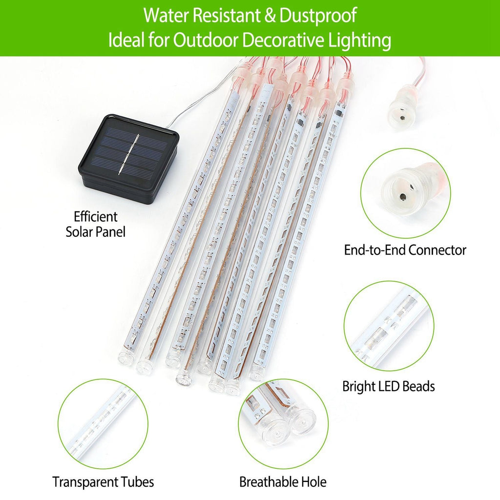 Meteor Shower String Lights Falling Raindrop Tube - Solar Powered- 8Pcs.