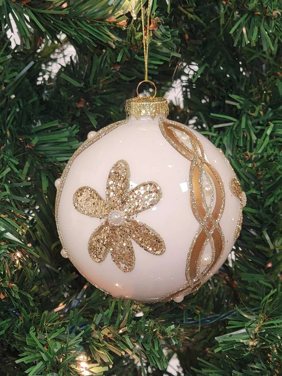 White Ball with Gold Flower Glass Christmas Ornament